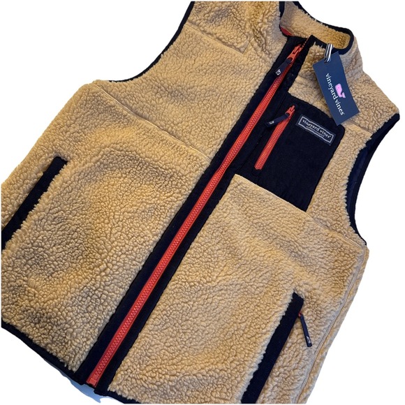 VINEYARD VINES Sherpa Deep Pile Vest Officer Khaki Boy's LARGE 16